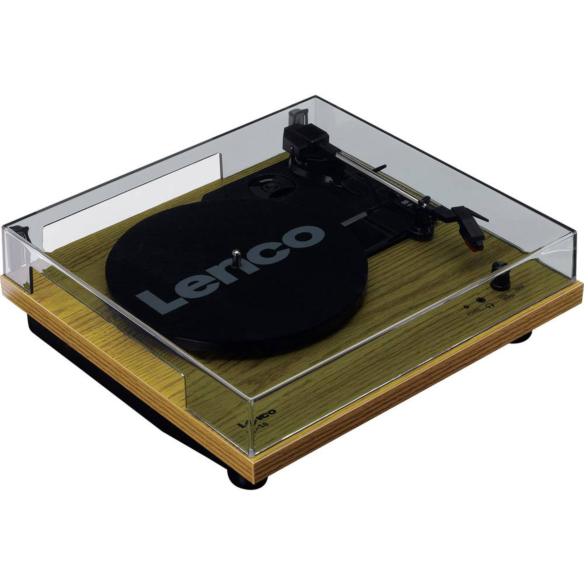 Turntable with a transparent cover. The base is wood-like, turntable is black with white text.