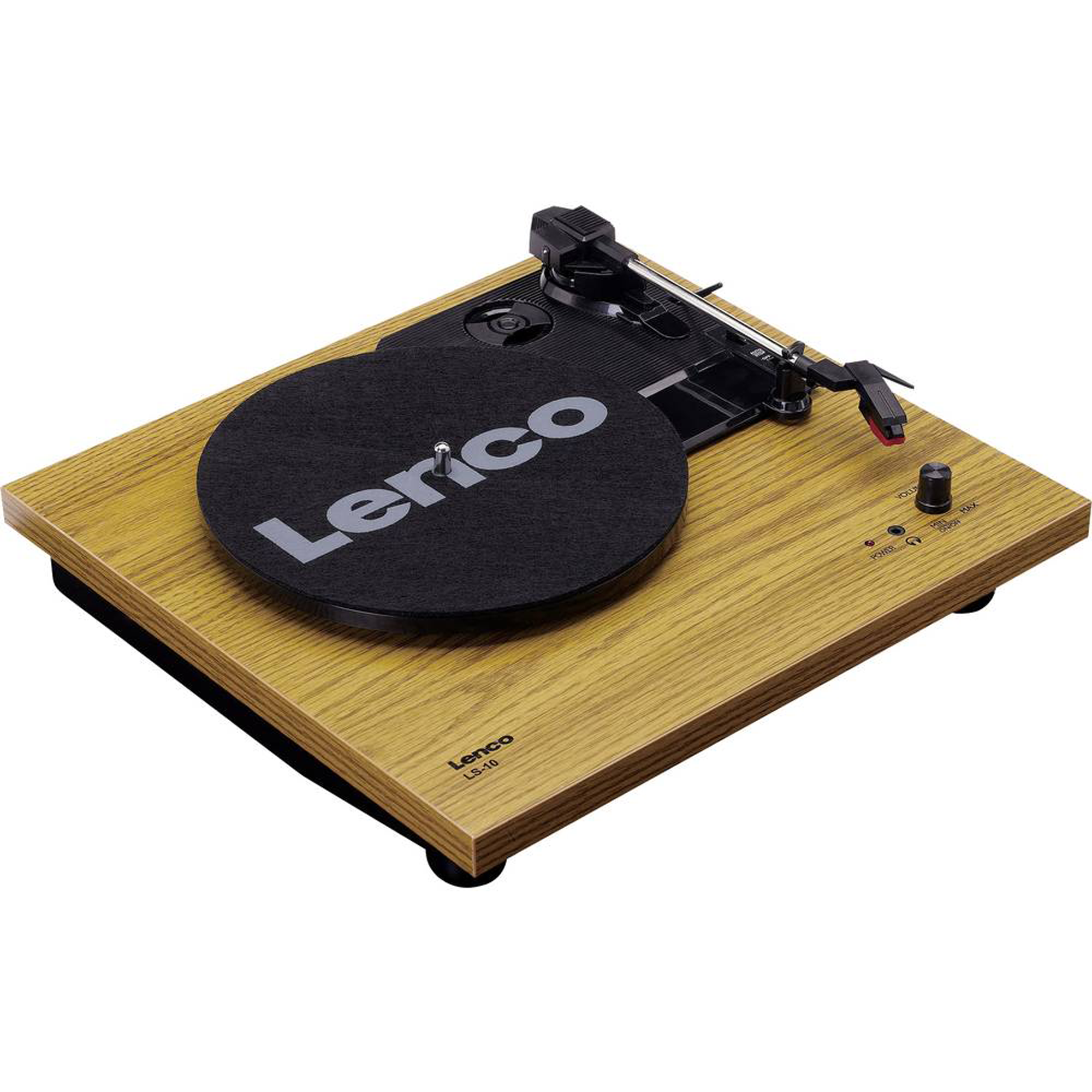 Wooden turntable with black record. White background.