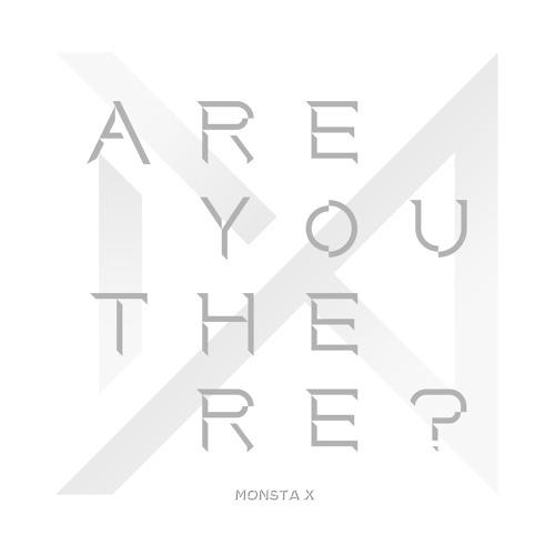 Witte tekst op witte achtergrond. Tekst luidt: ARE YOU THERE? Onder: MONSTA X.