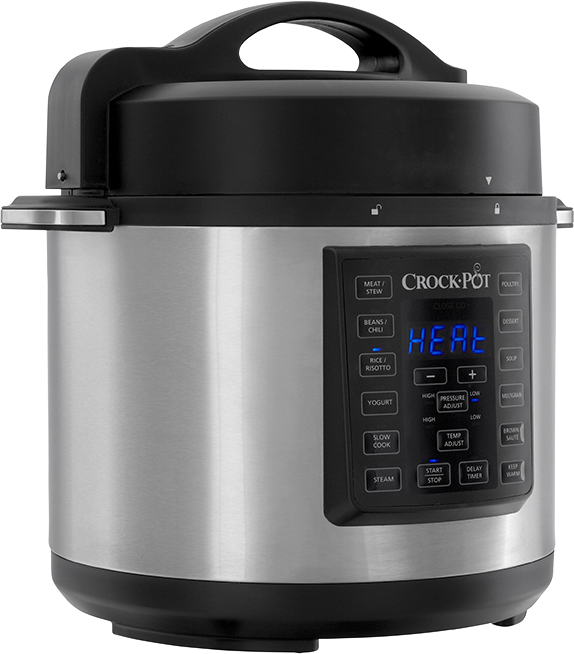 Roestvrijstalen Crock-Pot. Het heeft een zwart bedieningspaneel met knoppen en een zwart deksel.