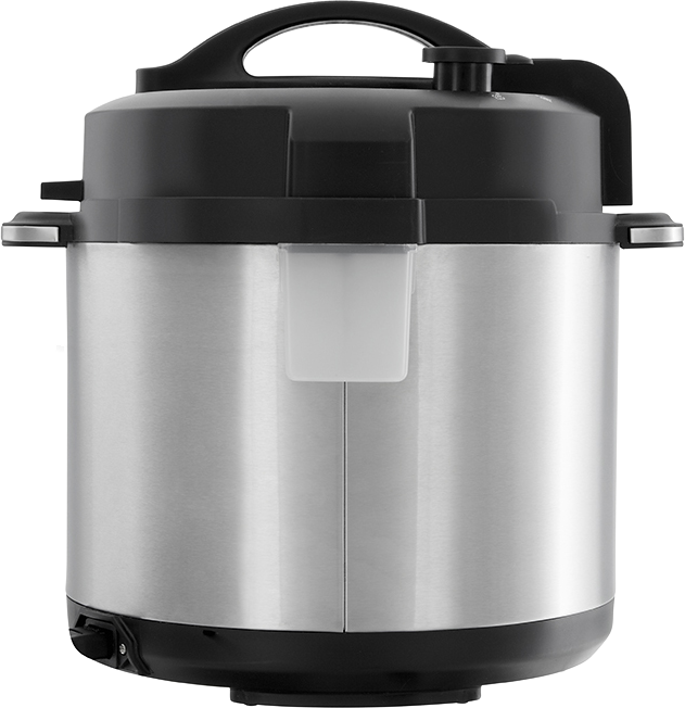 Zilveren en zwarte Instant Pot snelkookpan. Witte achtergrond.