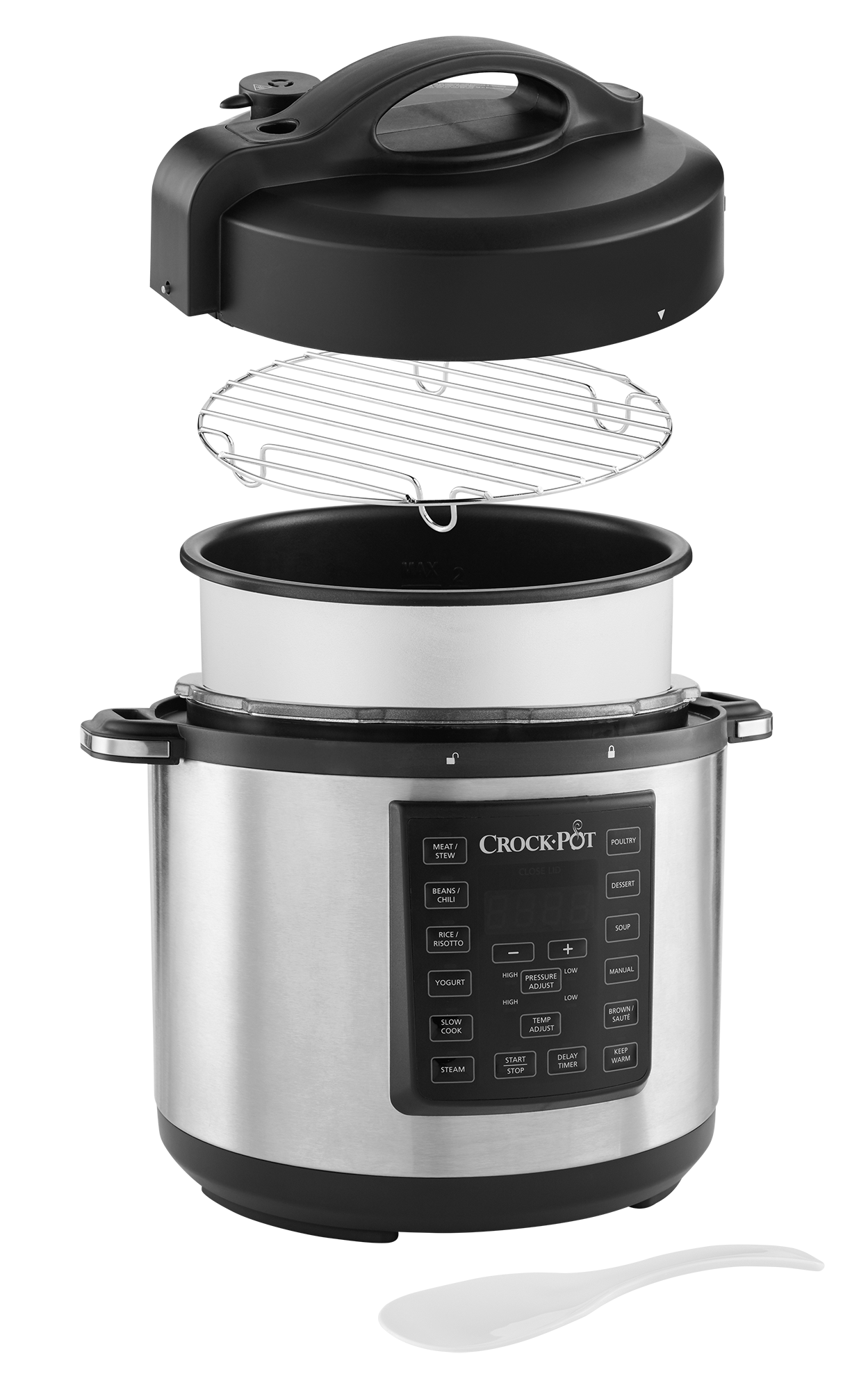 Een geëxplodeerde weergave van een Crock-Pot, met deksel, rek, binnenpot en basis met bedieningspaneel.