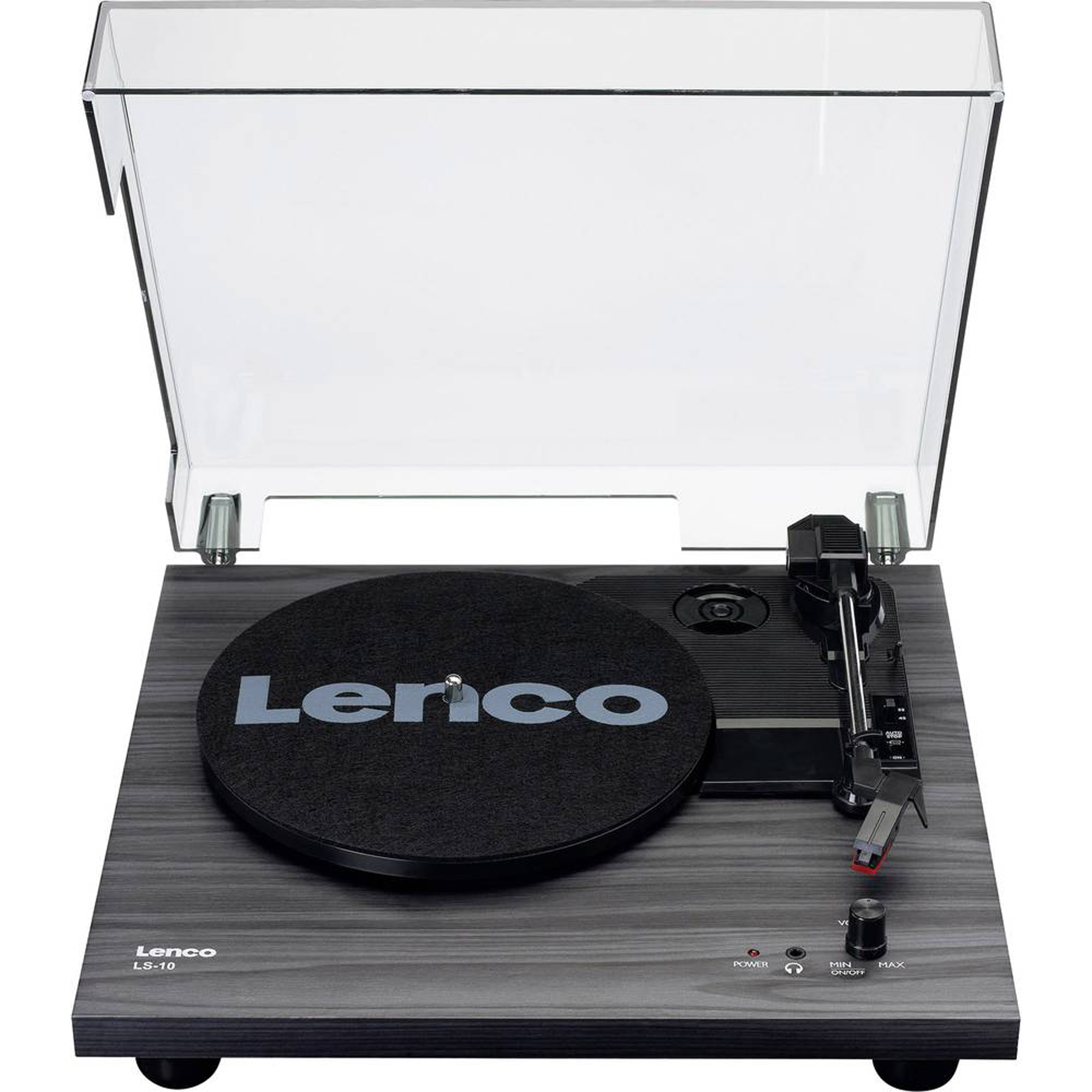 Lenco LS-10 turntable with clear cover. Black and gray wood grain finish. Black record with 'Lenco'.