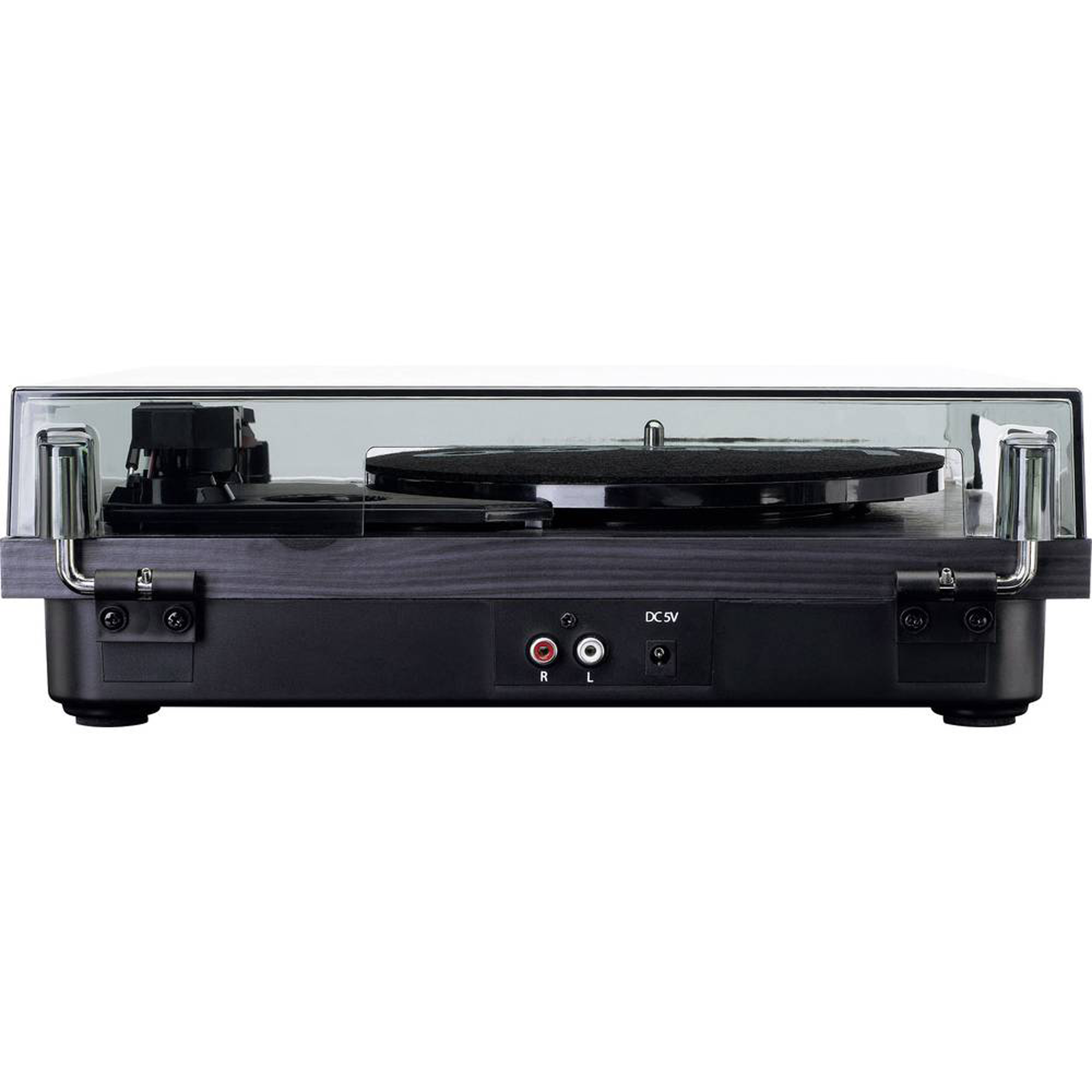 Turntable with a transparent cover, showing the platter and controls, isolated view.