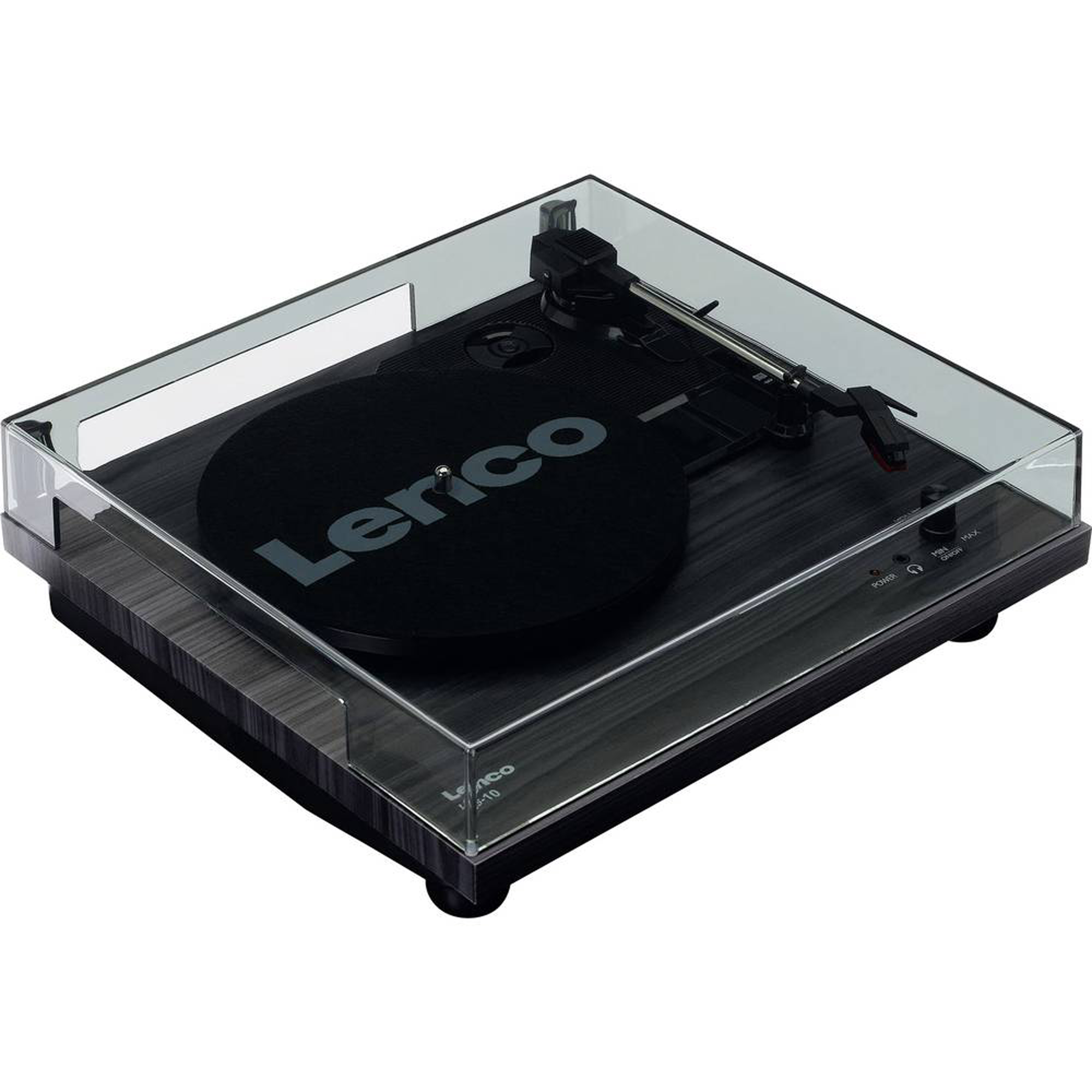 Black and wood-grain Lenco turntable with a clear cover.