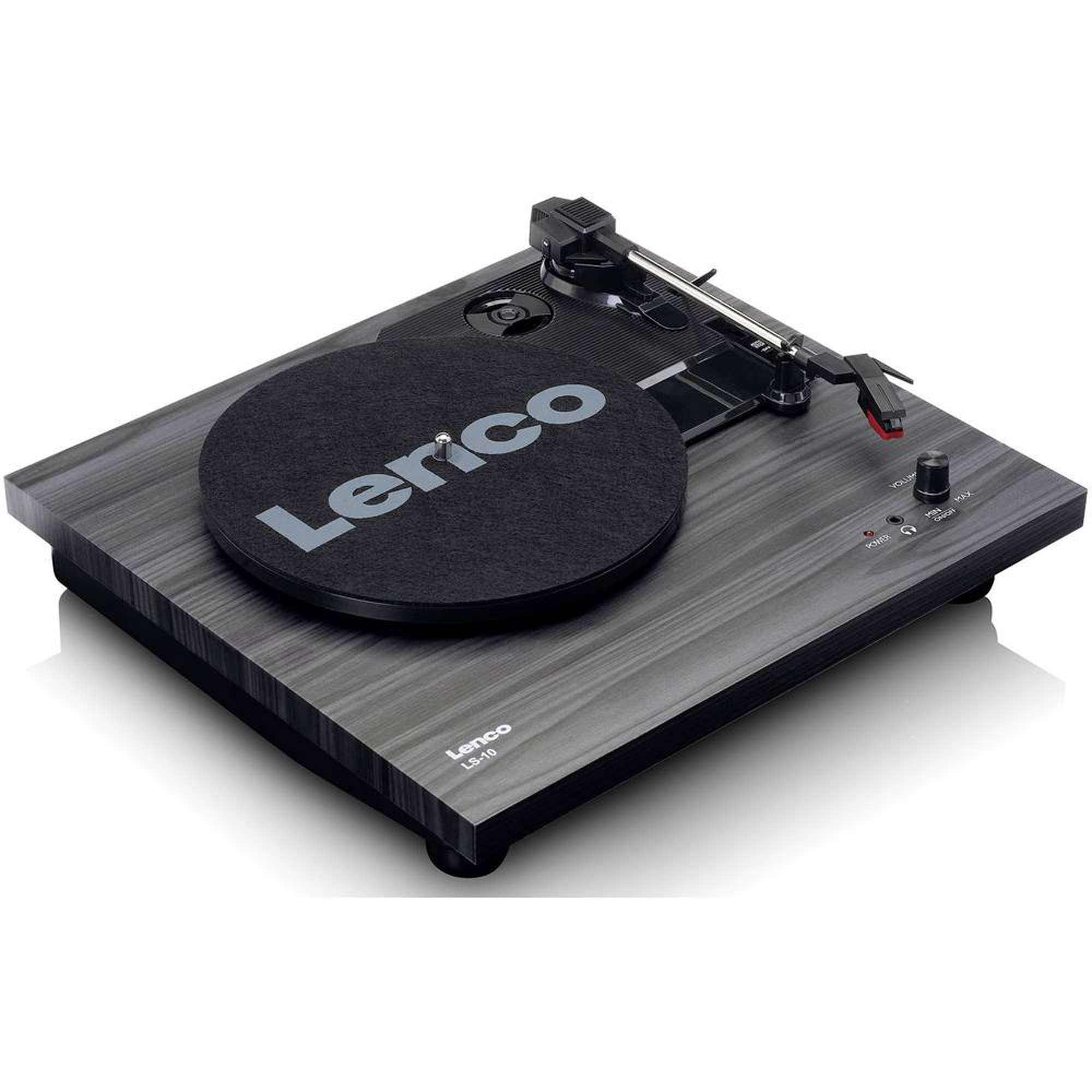 Turntable with black record on a wooden surface. The brand name Lenco is visible.