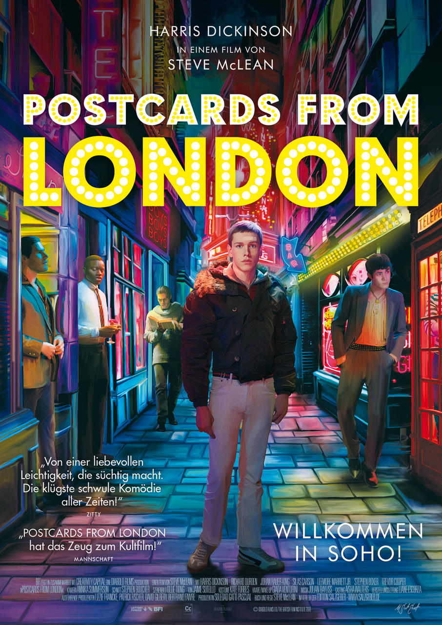 Filmplakat: Postcards From London, Mann geht Straße entlang, Neonlichter.
