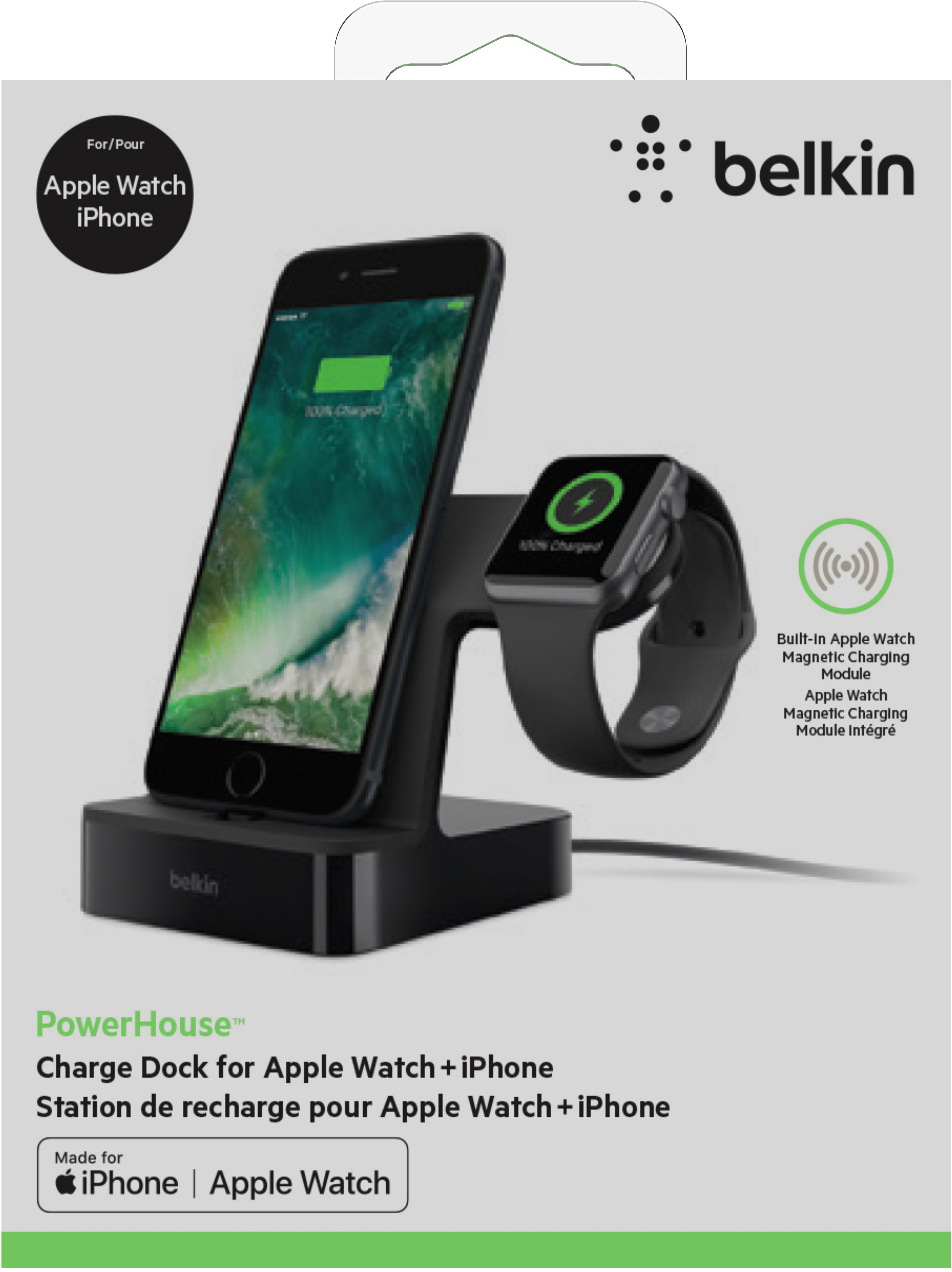 Belkin Ladestation für Apple Watch und iPhone, schwarz, auf weißem Hintergrund.