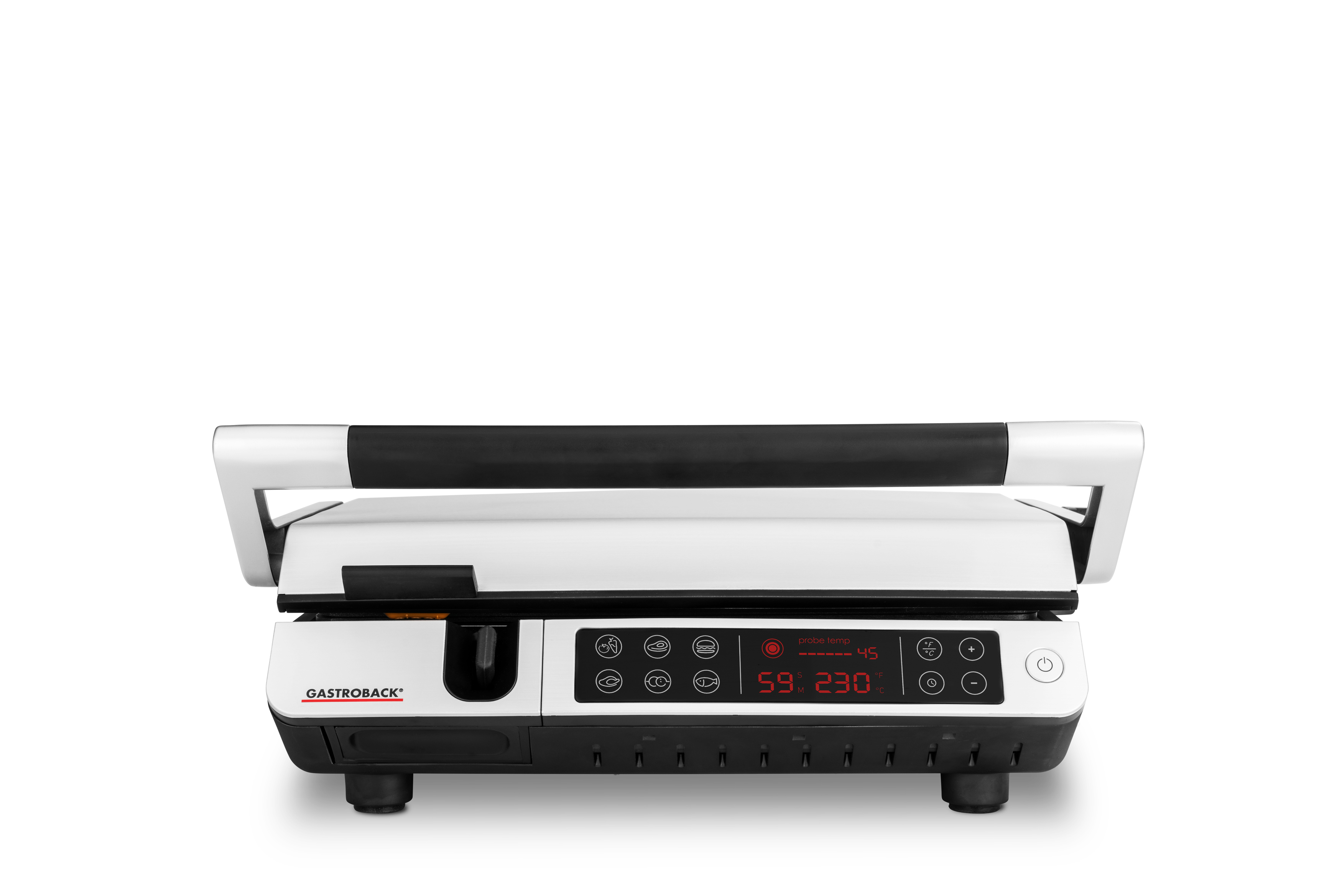 Ein weiß-silberner Elektrogrill mit Digitalanzeige für Temperatureinstellungen.