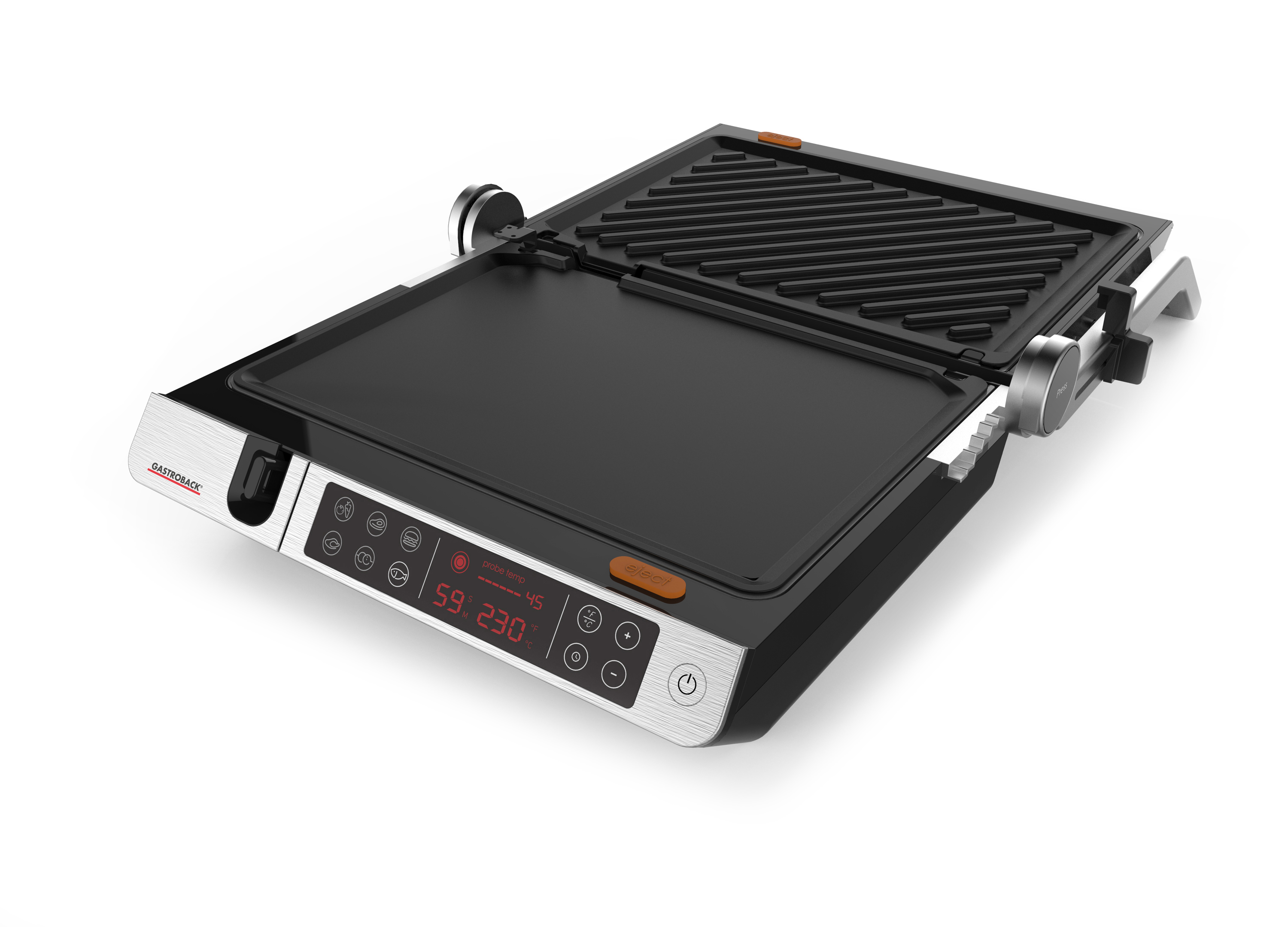 Schwarzer und silberner Grill mit digitaler Anzeige, geöffnet, auf weißer Oberfläche.