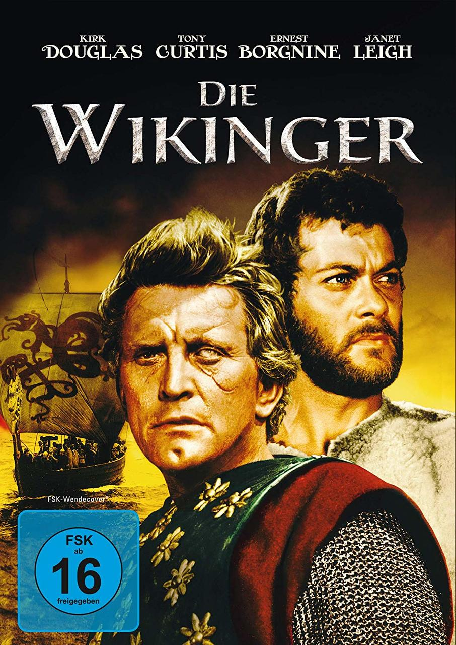 Filmcover von 'Die Wikinger'. Schauspieler Kirk Douglas und Tony Curtis mit einem Schiff auf dem Meer.