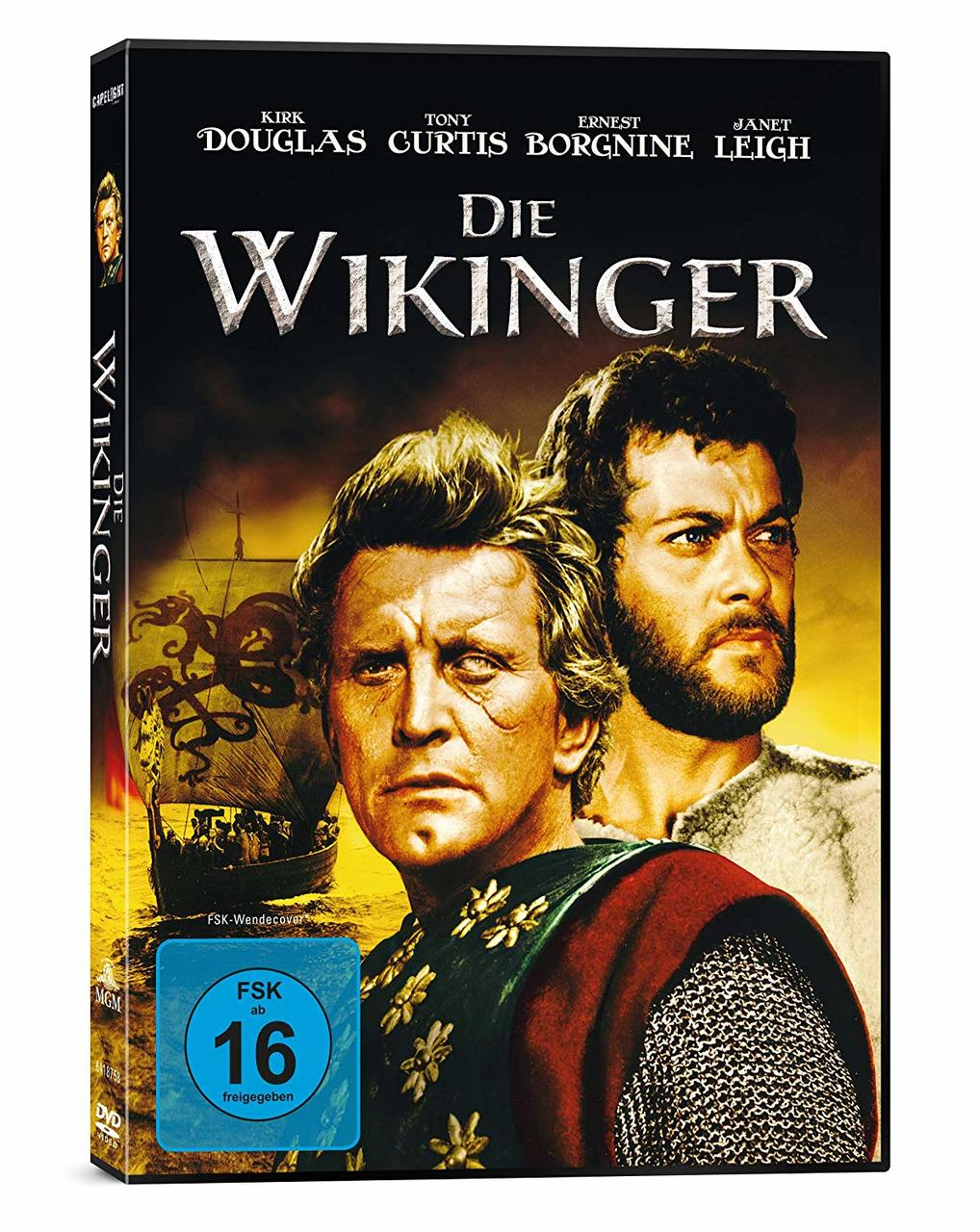 DVD-Hülle des Films 'Die Wikinger'. Kirk Douglas und Tony Curtis sind auf dem Cover abgebildet. FSK 16-Rating.