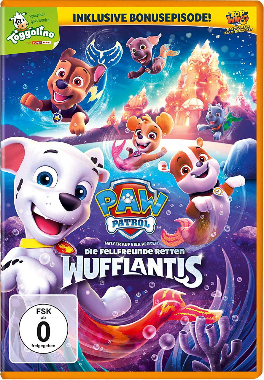 DVD-Cover von 'Paw Patrol'. Zeichentrickhunde und Unterwasserszene. Text 'Die Fellfreunde Retten Wufflantis'.
