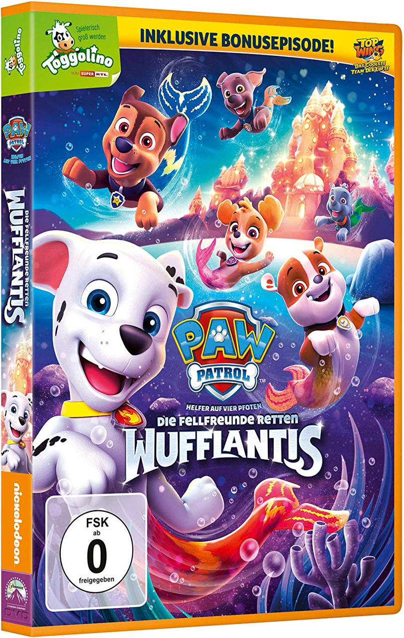 DVD-Cover für einen Paw Patrol Film. Er zeigt die Welpen in einer Unterwasserszene.