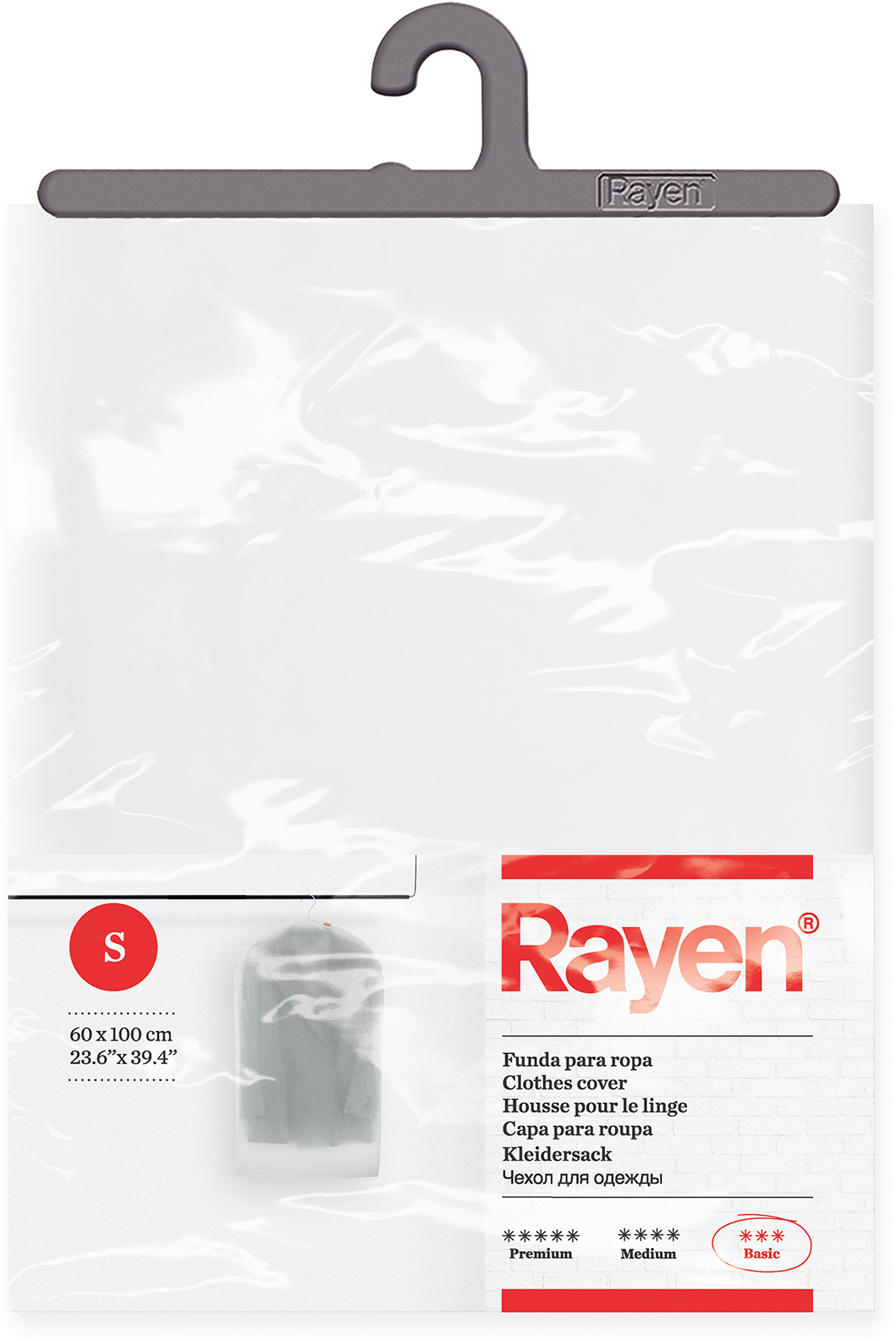 Ruha védő egy műanyag zacskóban, vállfával. Szöveg: 'Raven' és 'Clothes Cover'.