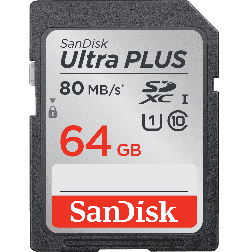 SanDisk Ultra PLUS SD-kaart. Witte kaart met rode en zwarte tekst op zwarte achtergrond.