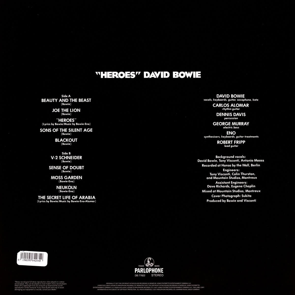 De achterkant van het David Bowie-album 'Heroes', met tracklist en credits.