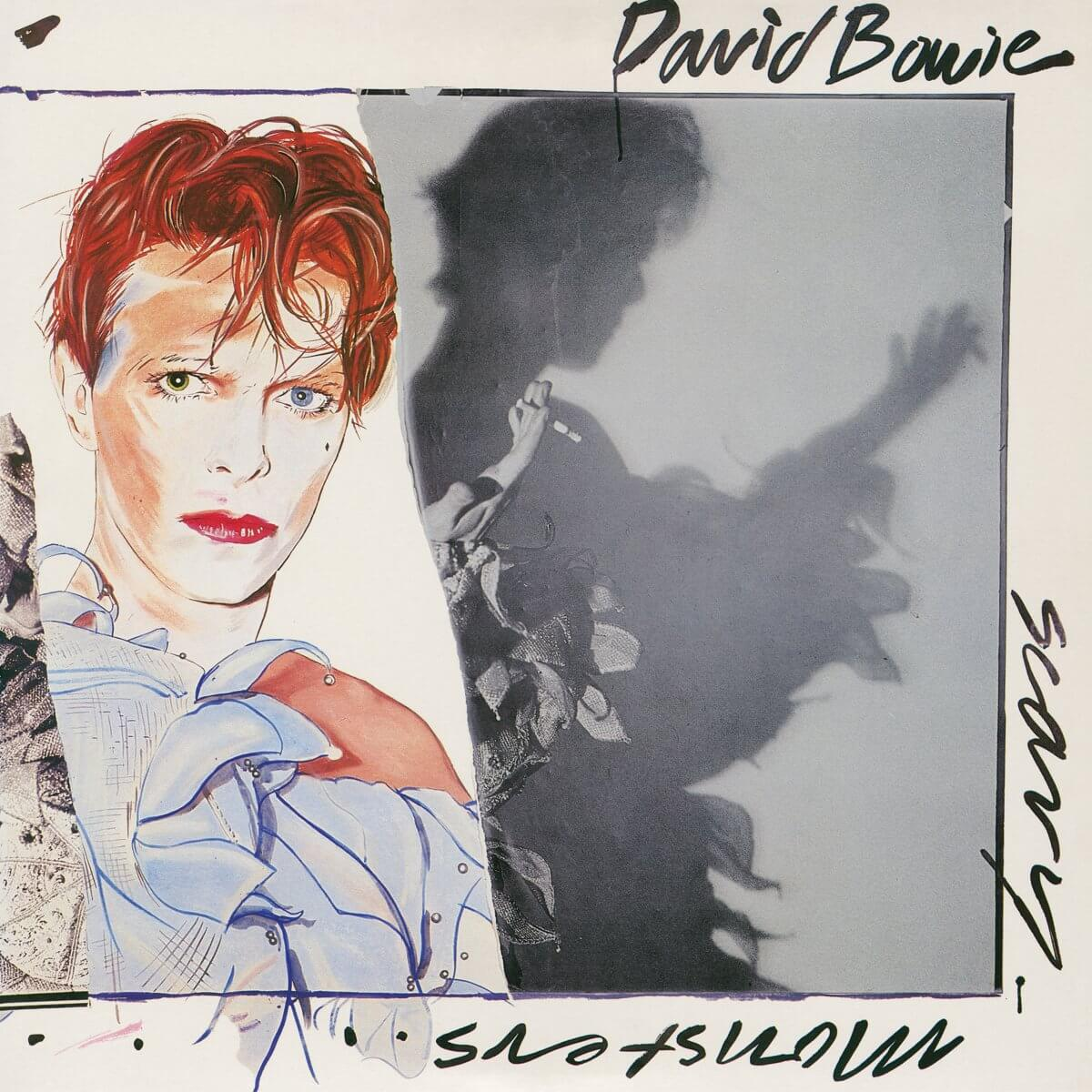 Album cover with David Bowie's face and silhouette, title 'Scary Monsters'.
