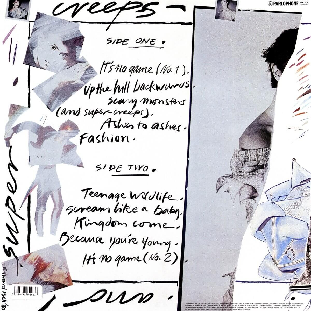 Back cover of a vinyl record with a list of songs and artwork. The title is 'Super Creeps'.