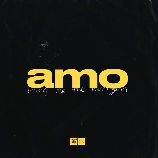 Az "amo" album borítója a Bring Me the Horizon-tól. Fekete háttér sárga szöveggel.