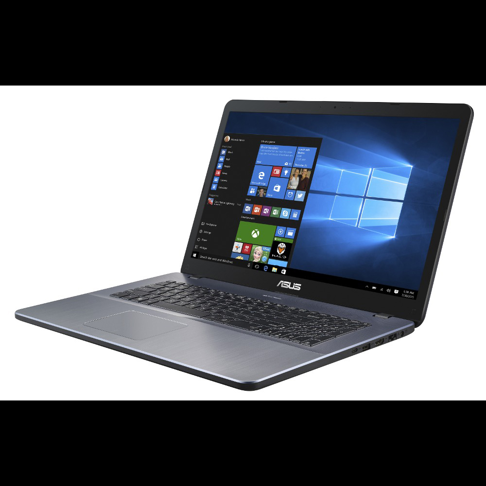 Ein silberner ASUS-Laptop mit Windows-10-Startmenü auf dem Bildschirm steht auf einer weißen Oberfläche.