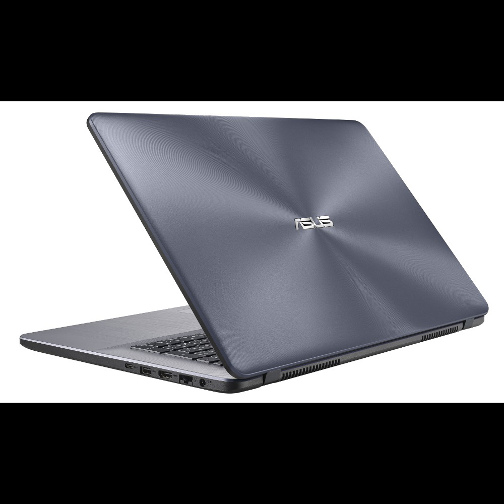 Ein schlanker, grauer ASUS-Laptop mit metallischem Deckel aus Rückansicht vor schwarzem Hintergrund.