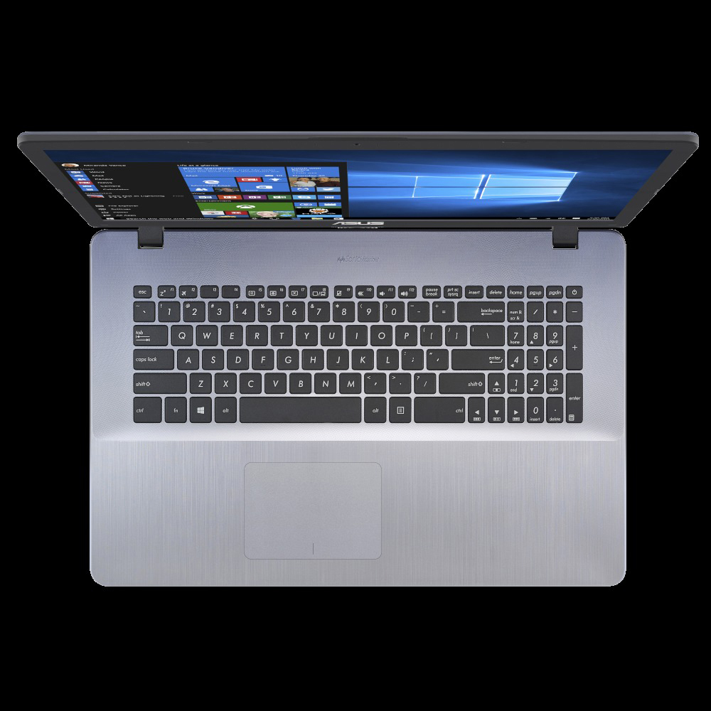 Draufsicht auf einen geöffneten Laptop mit blauem Bildschirm und silbernem Gehäuse, inklusive Tastatur.