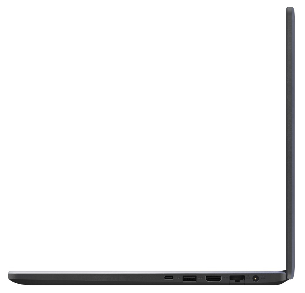 Seitenansicht eines schwarzen Laptops mit Anschlüssen an der Seite. Weißer Hintergrund.