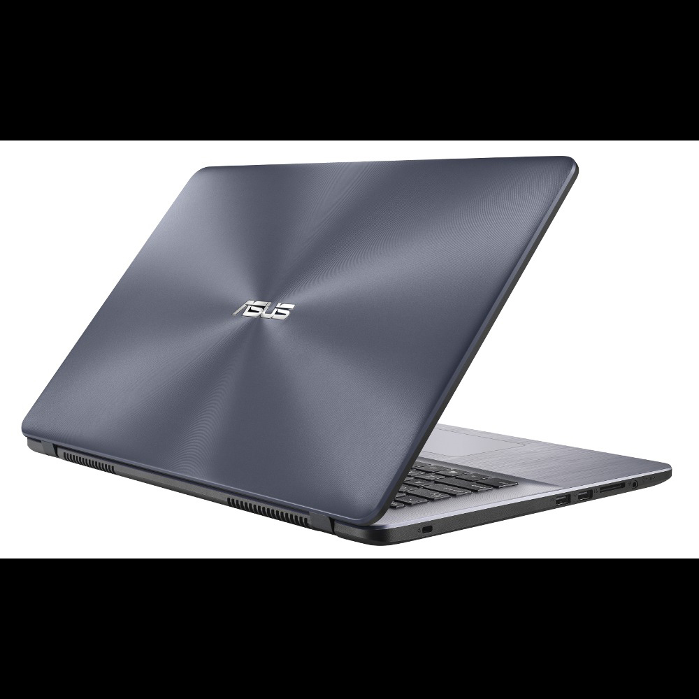 Ein geschlossener Asus-Laptop in Dunkelblau mit kreisförmig gebürstetem Metall, gewinkelt auf weißem Grund.