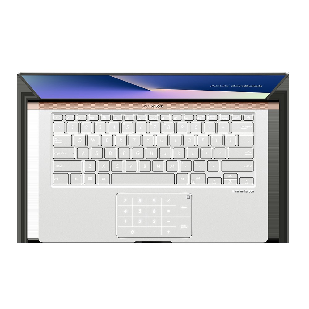 Top-Ansicht eines offenen Asus ZenBook mit beleuchteter Tastatur und integriertem Ziffernblock auf dem Touchpad.