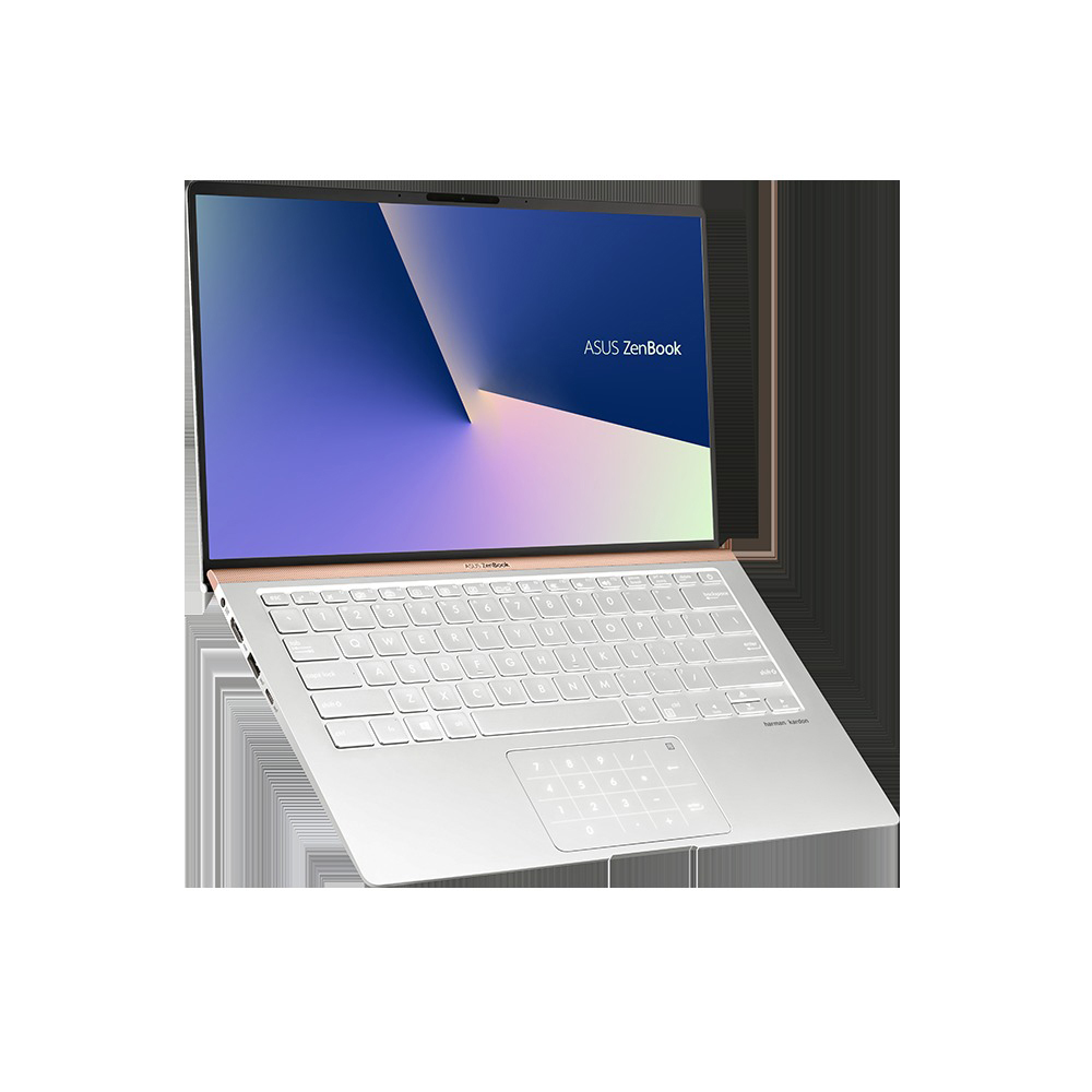 Ein silberner ASUS ZenBook Laptop mit beleuchteter Tastatur und einem abstrakten blauen Bildschirmhintergrund.