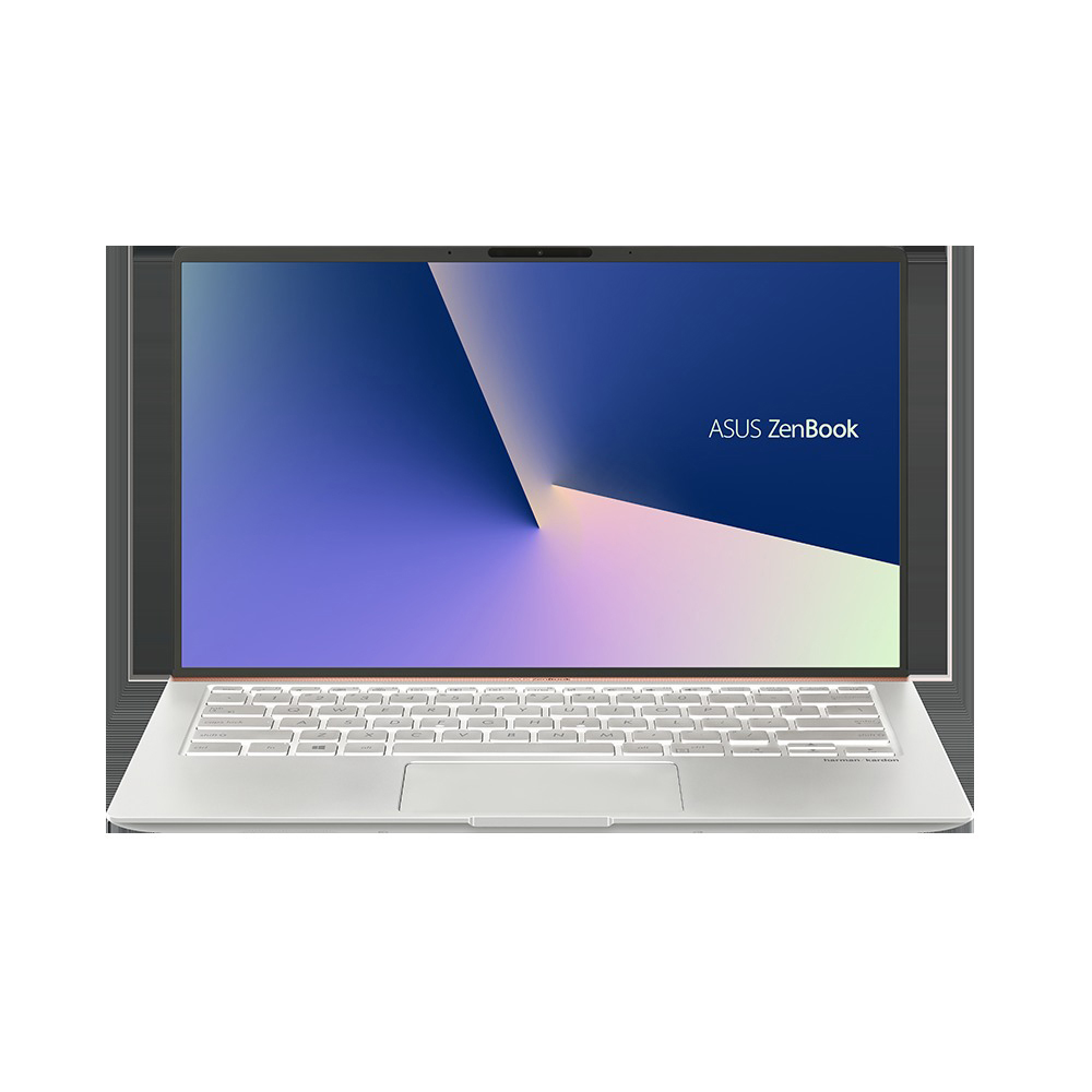 Frontalansicht eines silbergrauen ASUS ZenBook Laptops mit eingeschaltetem Bildschirm.