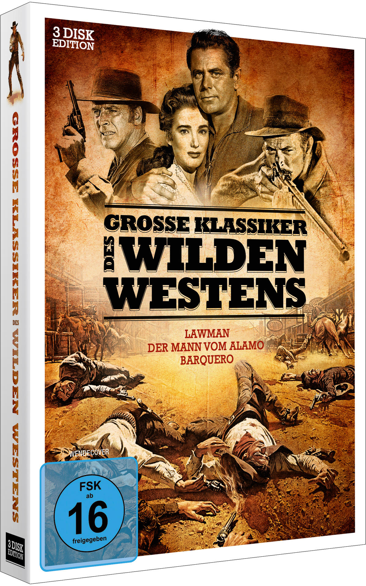 Filmcover mit Wild-West-Szene, Cowboys, Titel und Bewertungssymbol.