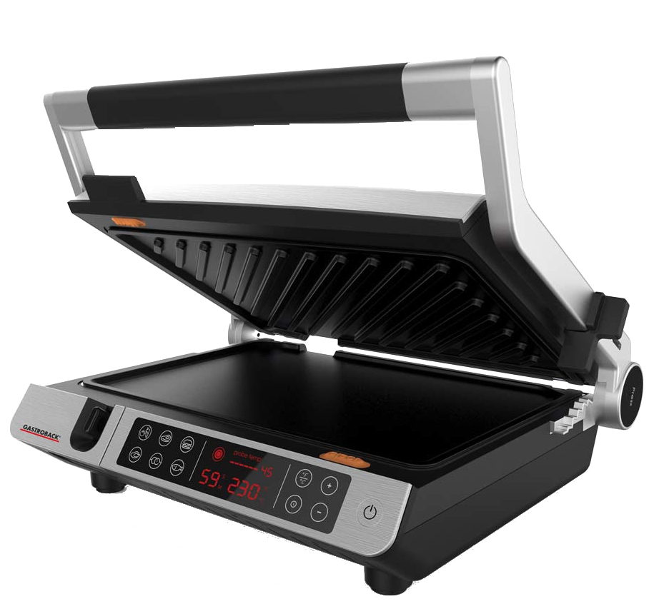 Ein GASTROBACK-Grill ist geöffnet und zeigt die Grillfläche und das Bedienfeld mit Digitalanzeige.