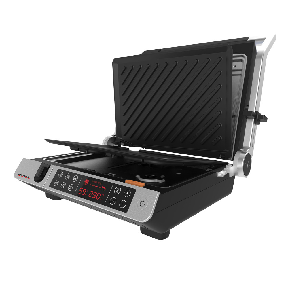 Ein offener schwarz-silberner Grill mit digitaler Anzeige. Der Grill befindet sich auf weißem Hintergrund.