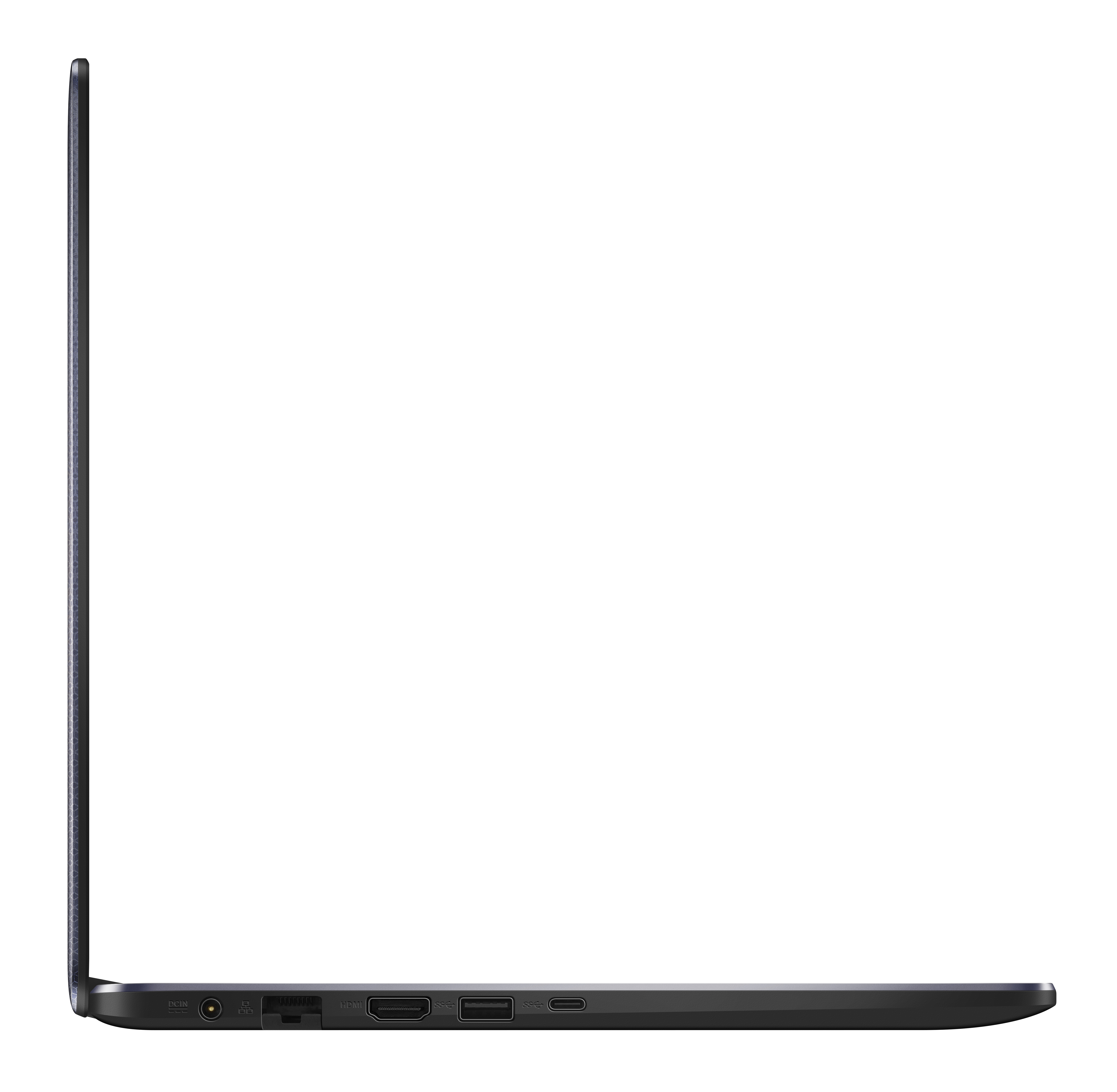 Eine Seitenansicht eines Laptops mit schwarzem Rahmen und einigen Anschlüssen an der Seite.