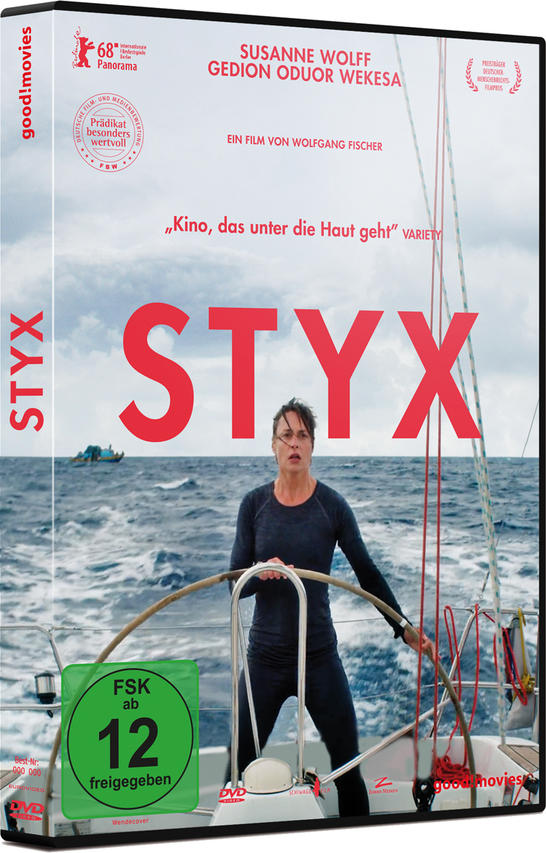 DVD-Hülle des Films 'Styx', eine Frau auf einem Segelboot im Ozean. Der Titel ist rot.