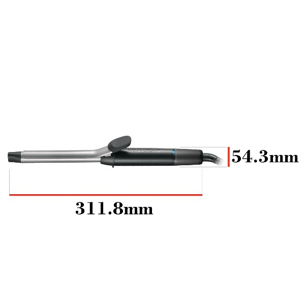 Rizador de cabello con medidas: 311.8mm de largo, 54.3mm en el extremo rizado.