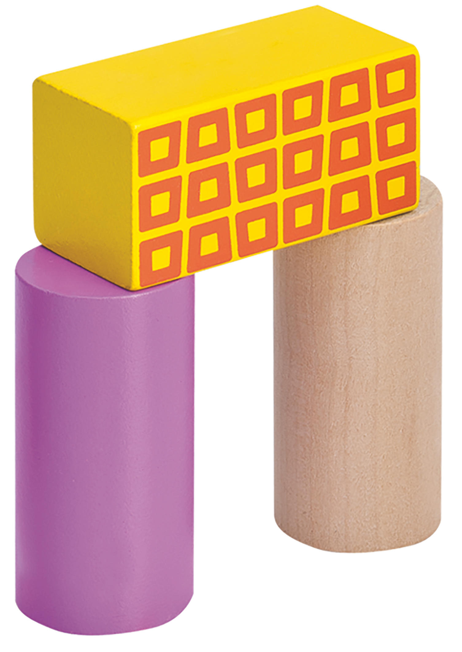 Holzbausteine bilden einen Bogen auf Weiß.