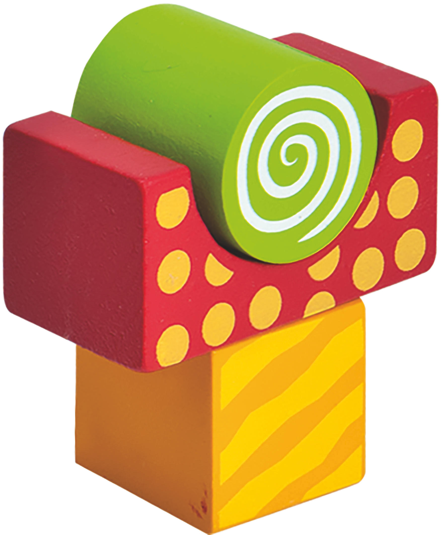 Holzspielzeugblock mit einer grünen Rolle, roten Seiten mit gelben Punkten und einem orangefarbenen Sockel.