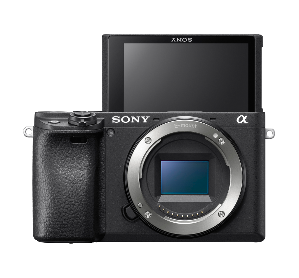 Eine schwarze Sony Alpha Kamera mit ausklappbarem Bildschirm, Objektiv und Sony-Logo.