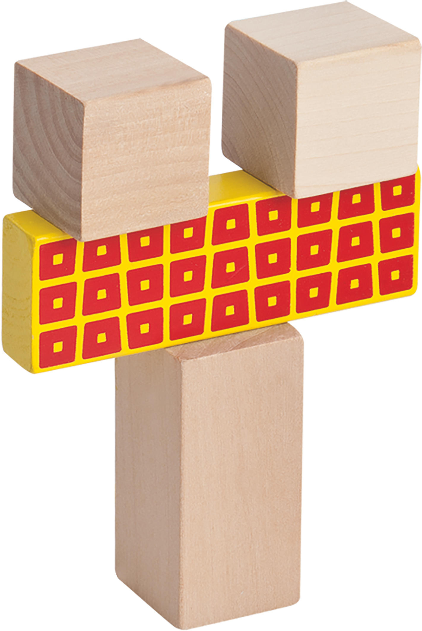 Ein Holzpuzzle aus Blöcken in Beige, Gelb und Rot. Die Struktur hat eine T-Form.