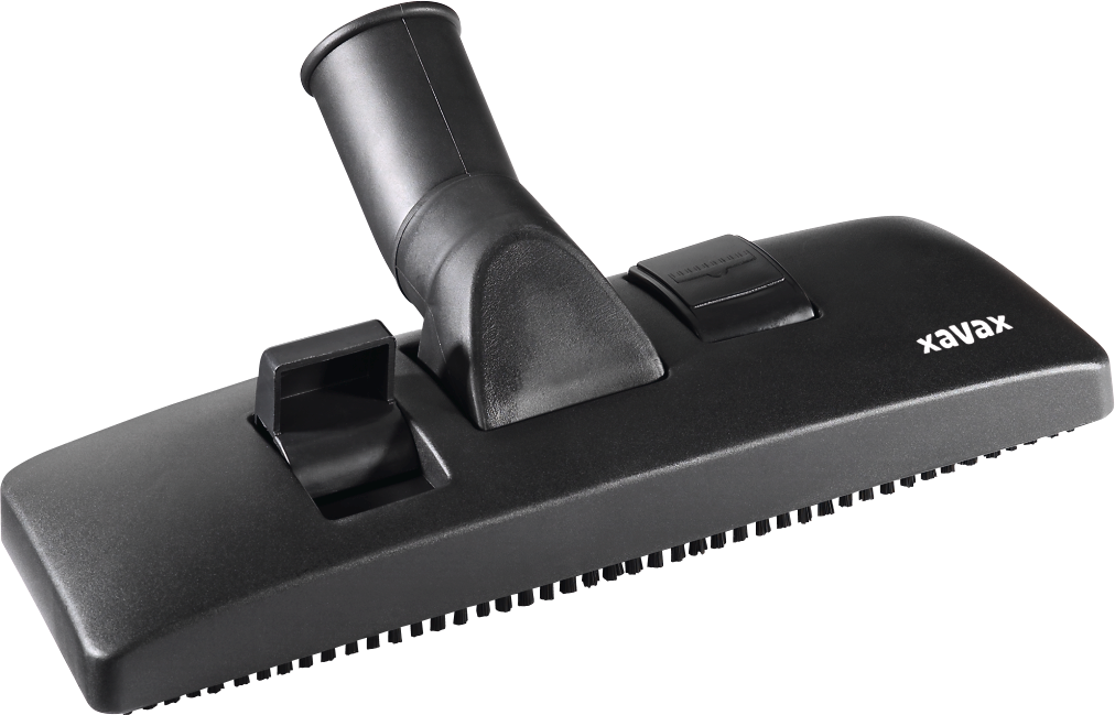 Tête d'aspirateur noire. Inclinée, brosse en bas. Fond noir.