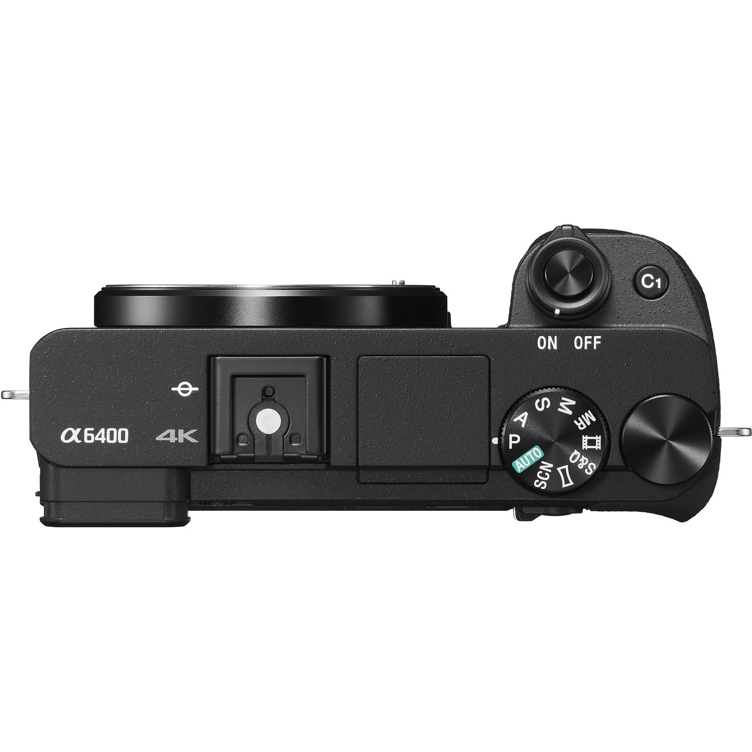 Draufsicht auf eine schwarze Sony α6400 Kamera mit Objektiv und Drehreglern.