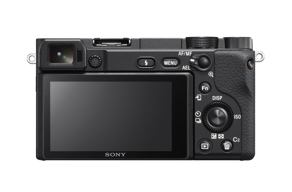 Rückseite einer schwarzen Sony Kamera. Sie hat einen Bildschirm, Knöpfe und Drehräder für Einstellungen.