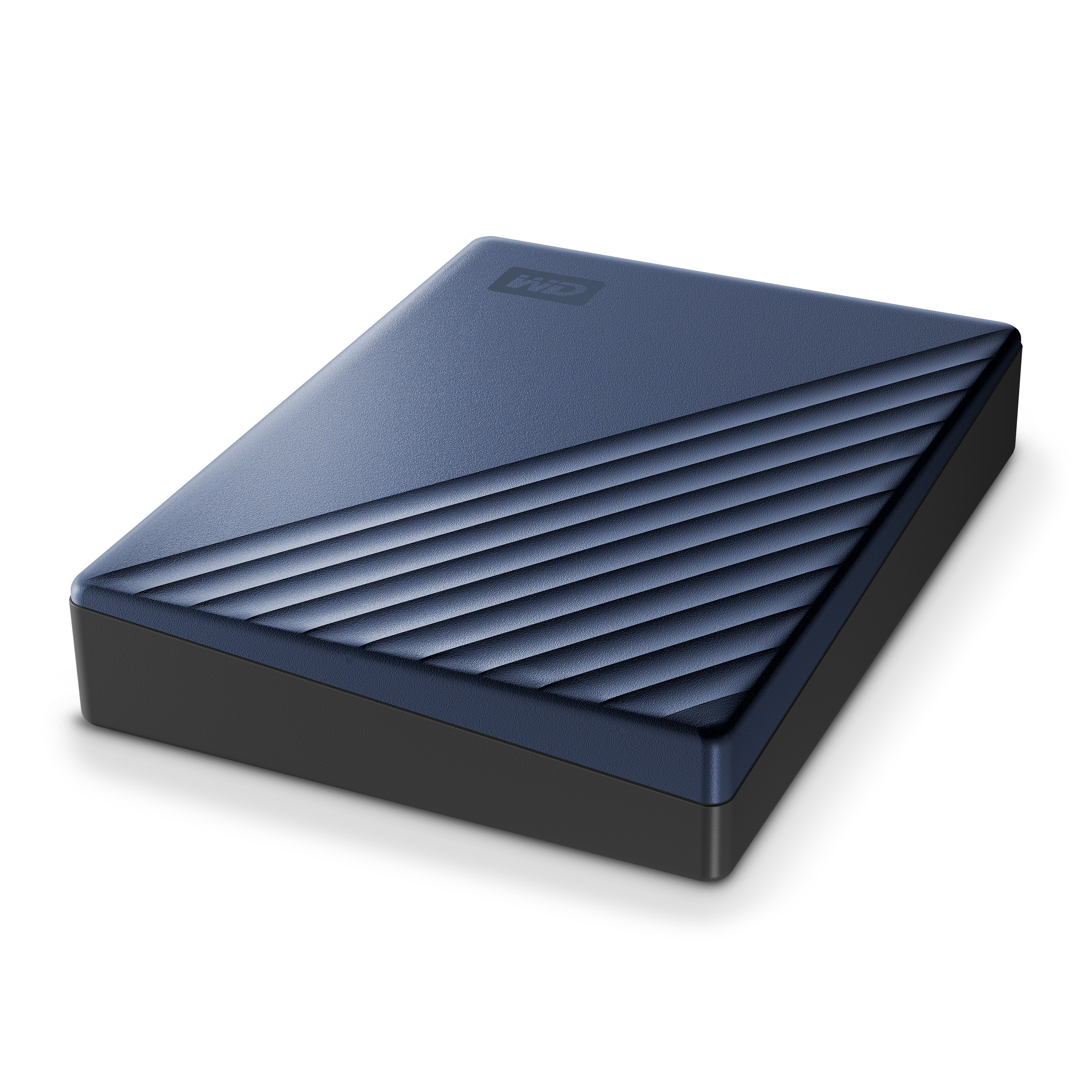 Blaue und schwarze externe Festplatte auf weißer Oberfläche. Strukturierte Oberseite.