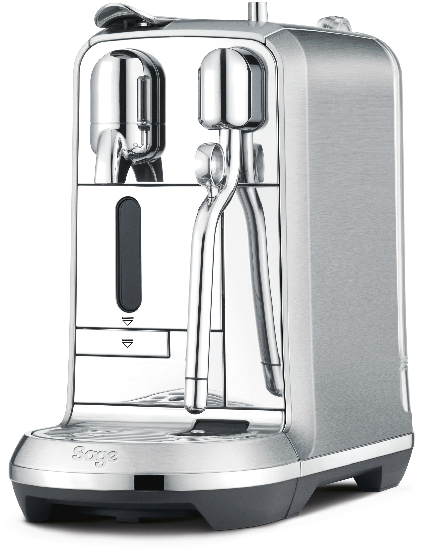 Eine silberne Espressomaschine mit Wassertank und Kaffeeauslauf.