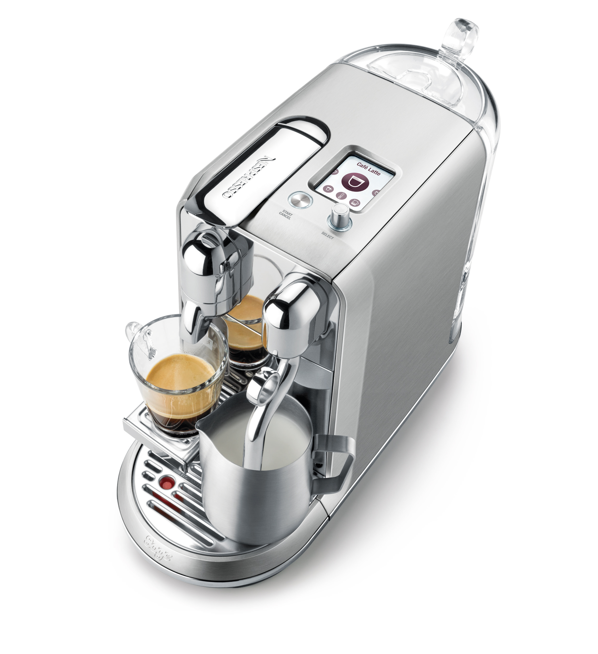 Silberne Nespresso Kaffeemaschine. Zwei Tassen mit Kaffee und ein Milchaufschäumer sind sichtbar.