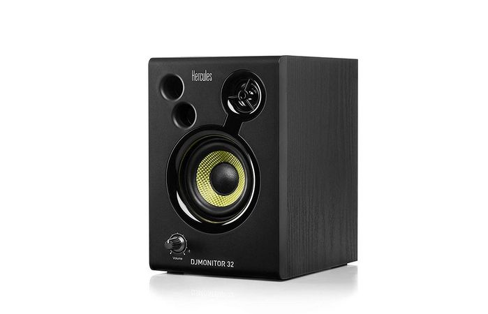 Un altoparlante Hercules DJMonitor 32 nero, che mostra l'altoparlante e il controllo del volume.