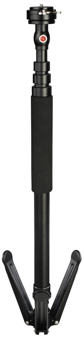 Un monopode noir avec un bouton rouge et une poignée en mousse, étendu.